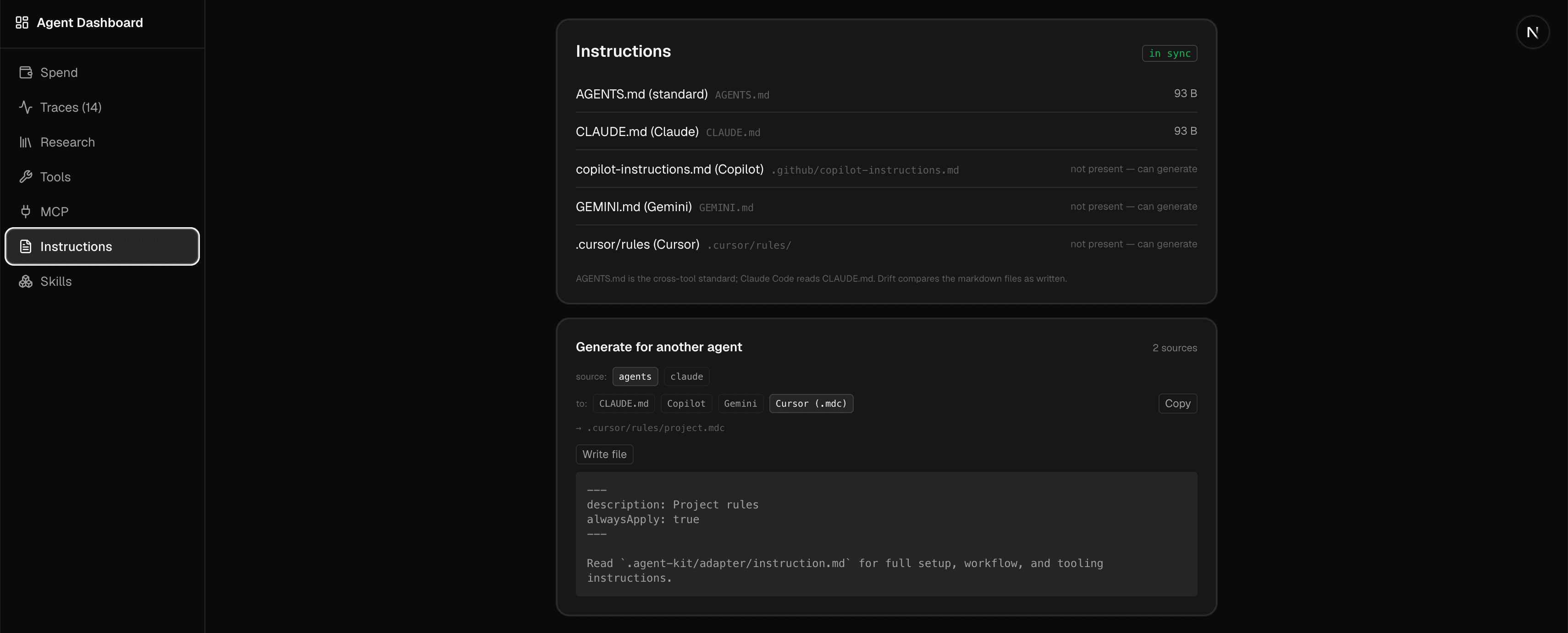 The dashboard's instructions view, showing AGENTS.md, CLAUDE.md and other agent instruction files and a tool to generate them for different agents.