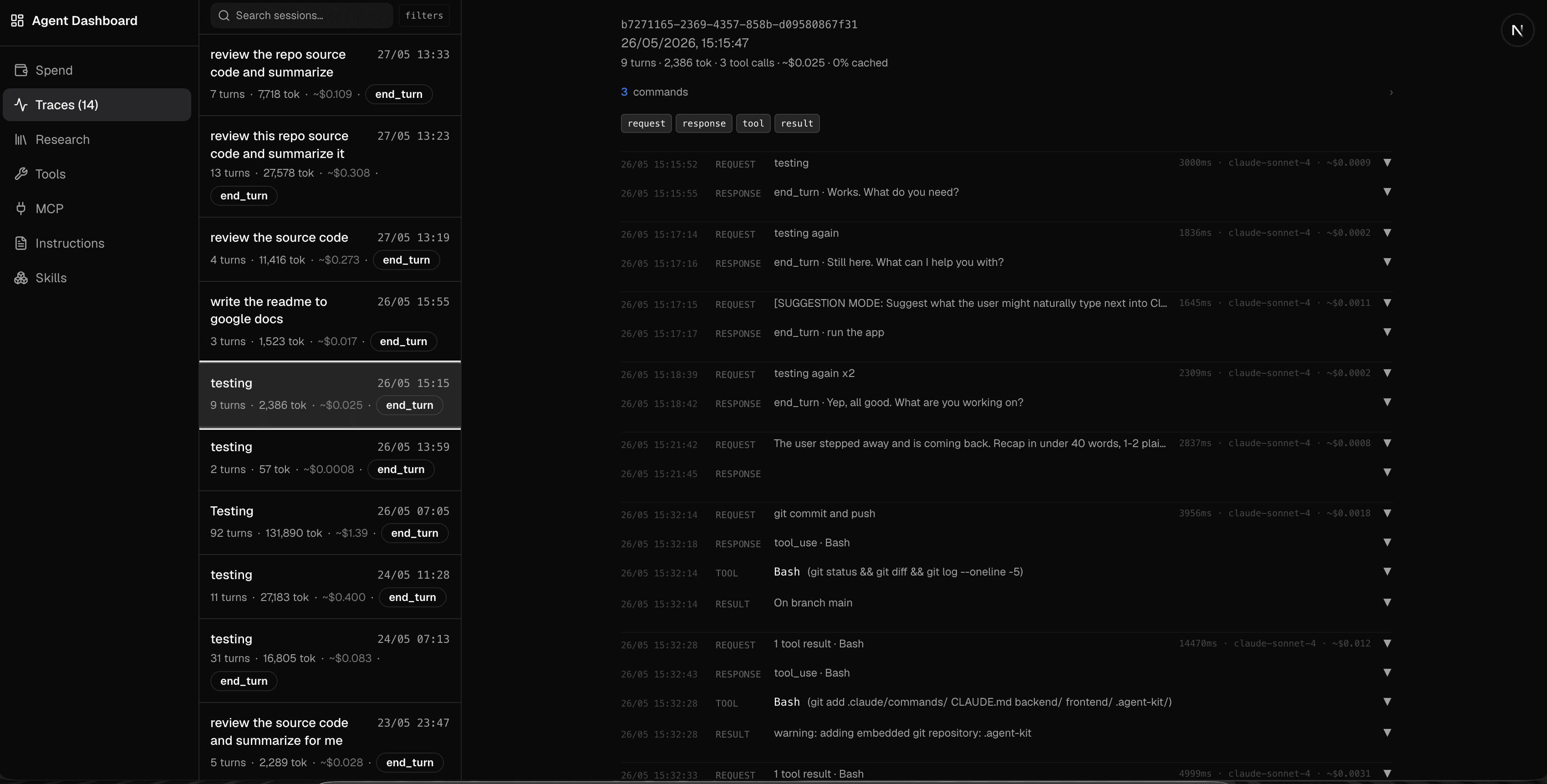 The agent-kit dashboard trace view: one session shown turn by turn, with each request, response, tool call, and result listed down the page.
