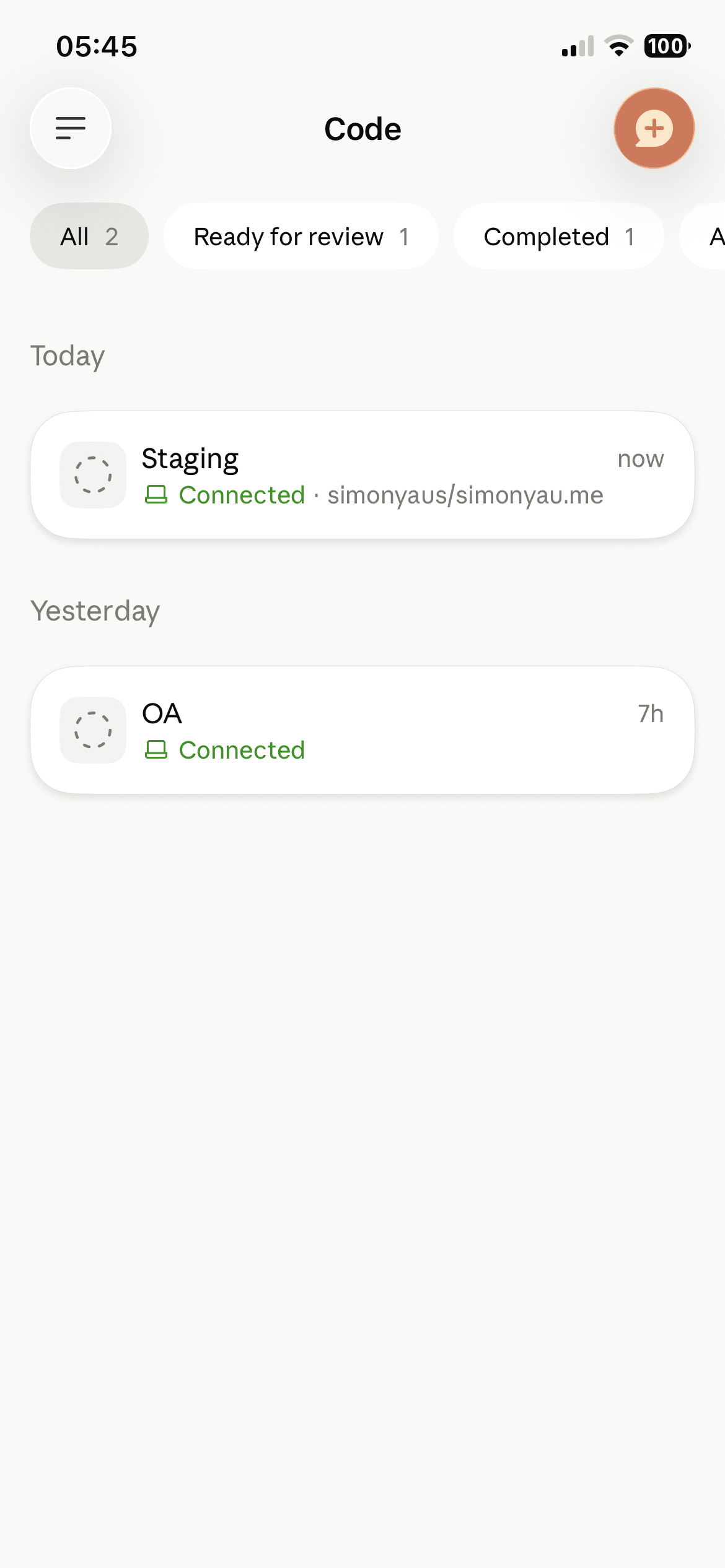 The Claude Code mobile app showing a list of connected sessions, with 'Staging' connected to the simonyau.me repo.